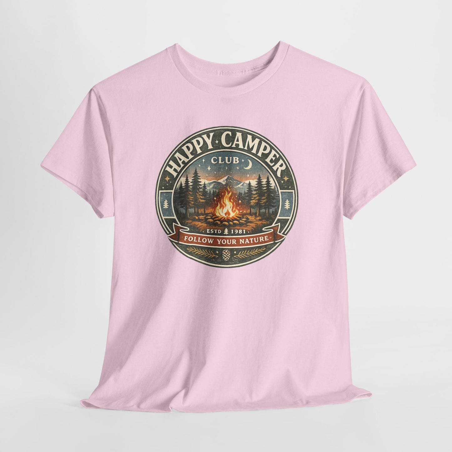 Unisex Happy Camper Tee | Vintage Campfire Badge Shirt | Odyssey Camp & Co.