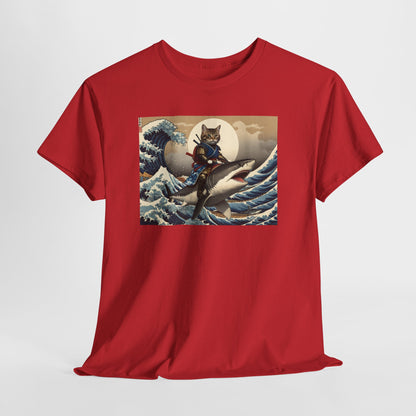 Samurai Cat Riding Shark T‑Shirt — Vintage Japanese Wave Art Tee