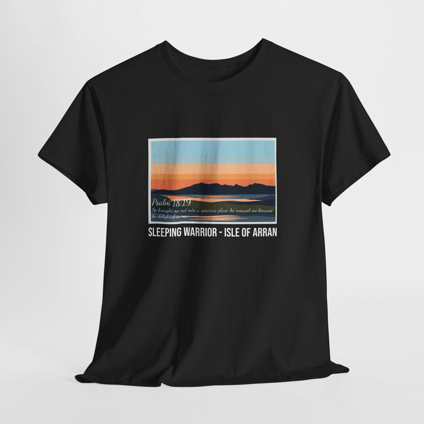 Sleeping Warrior Isle of Arran Sunset Tee — Psalm 18:19 T-Shirt