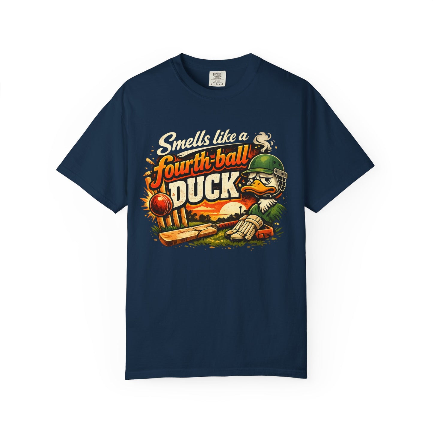 Smells Like a Fourth Ball Duck | Funny Cricket T-Shirt Retro Graphic Tee | navy | Odyssey Camp & Co.