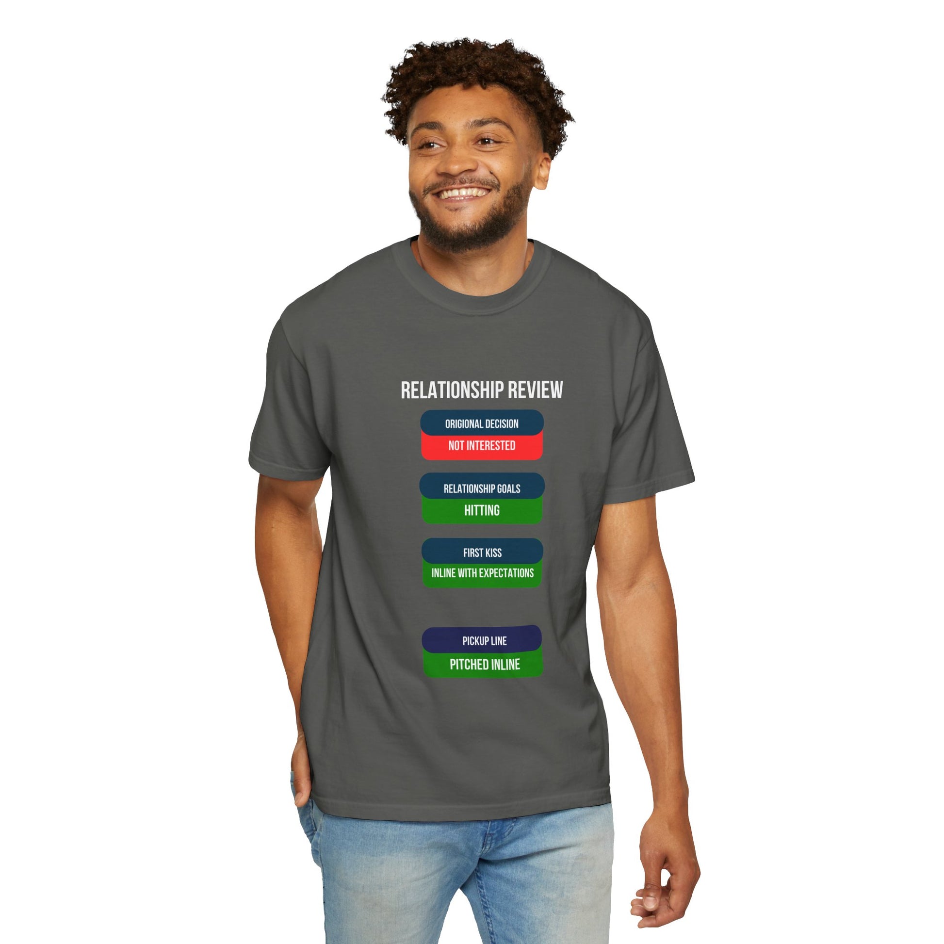 Back view of the Relationship Review t-shirt, plain garment-dyed cotton with sewn-in label