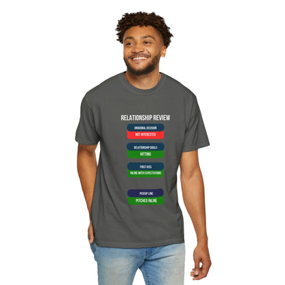 Back view of the Relationship Review t-shirt, plain garment-dyed cotton with sewn-in label