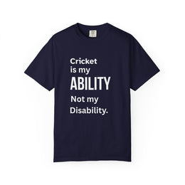 Cricket Is My Ability disability pride cricket t-shirt, front view