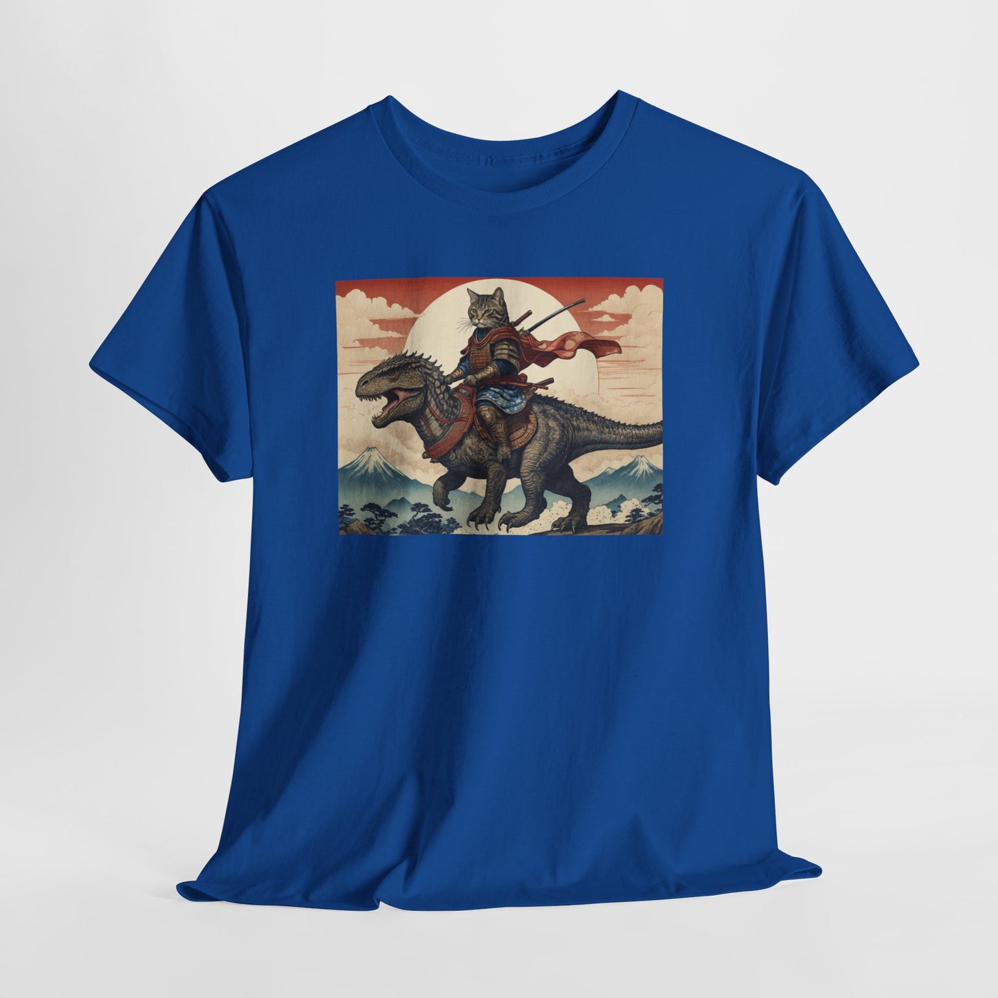 Samurai Cat Riding T-REX T-Shirt | Vintage Japanese Wave Art Tee | Odyssey Camp & Co.