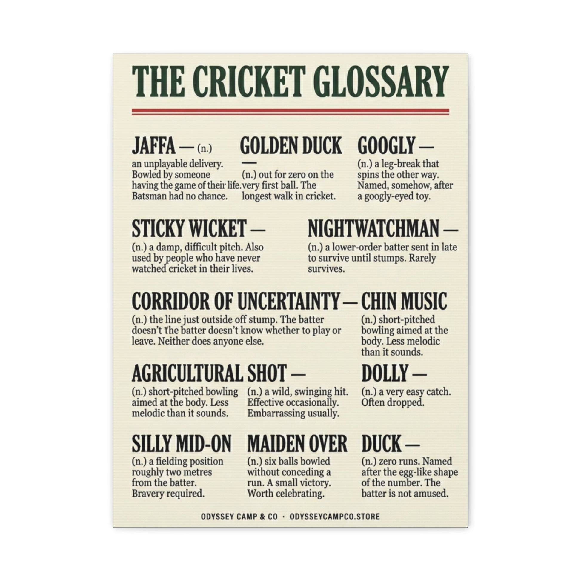 Cricket Slang Glossary Matte Canvas Print | Vintage Sports Poster | Odyssey Camp & Co.