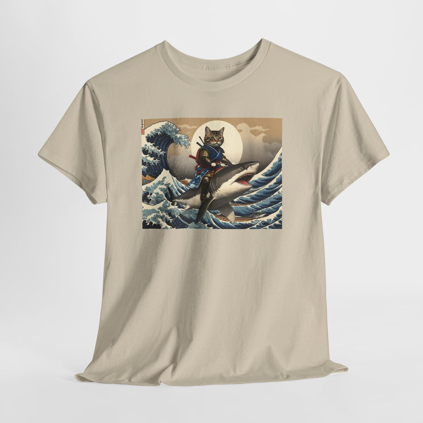 Samurai Cat Riding Shark T-Shirt | Vintage Japanese Wave Art Tee | Odyssey Camp & Co.