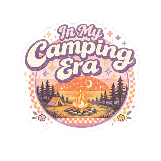 Camping-themed sticker with 'In My Camping Era' text, campfire, tent, and sunset design.
