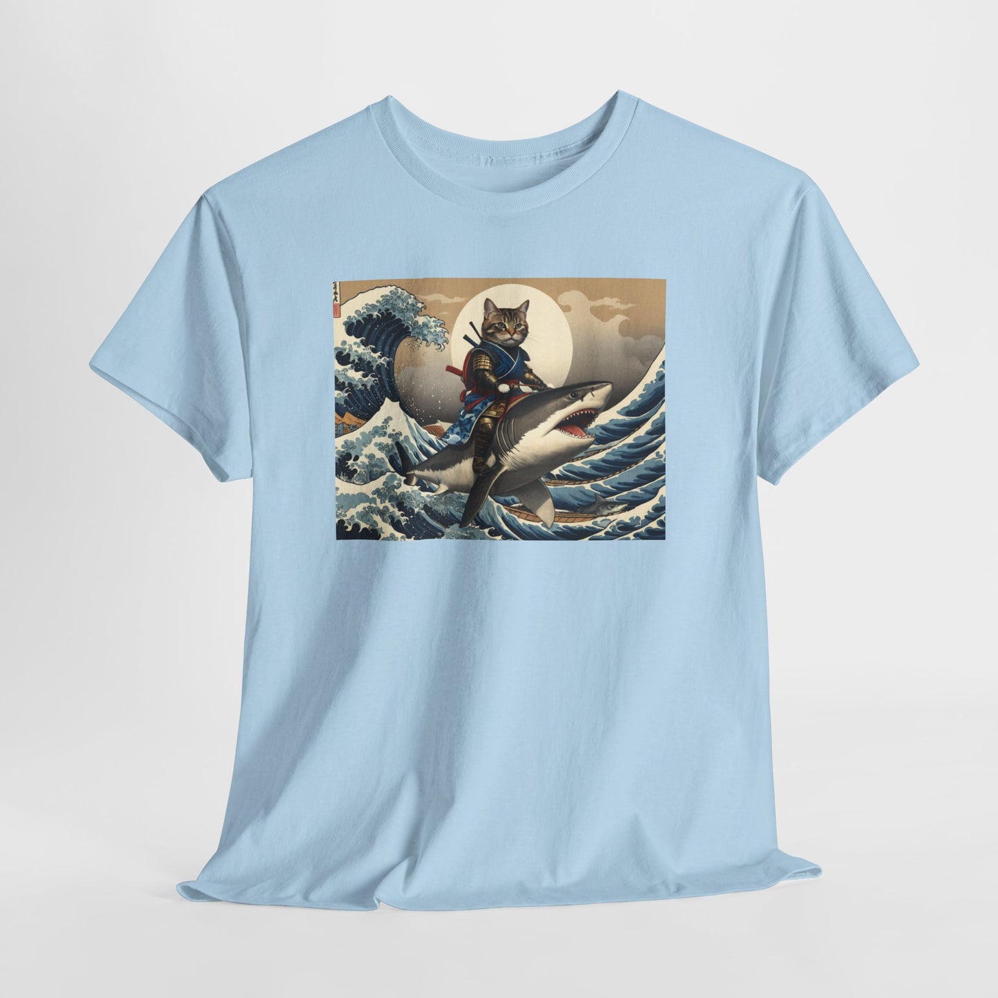 Samurai Cat Riding Shark T-Shirt | Vintage Japanese Wave Art Tee | Odyssey Camp & Co.