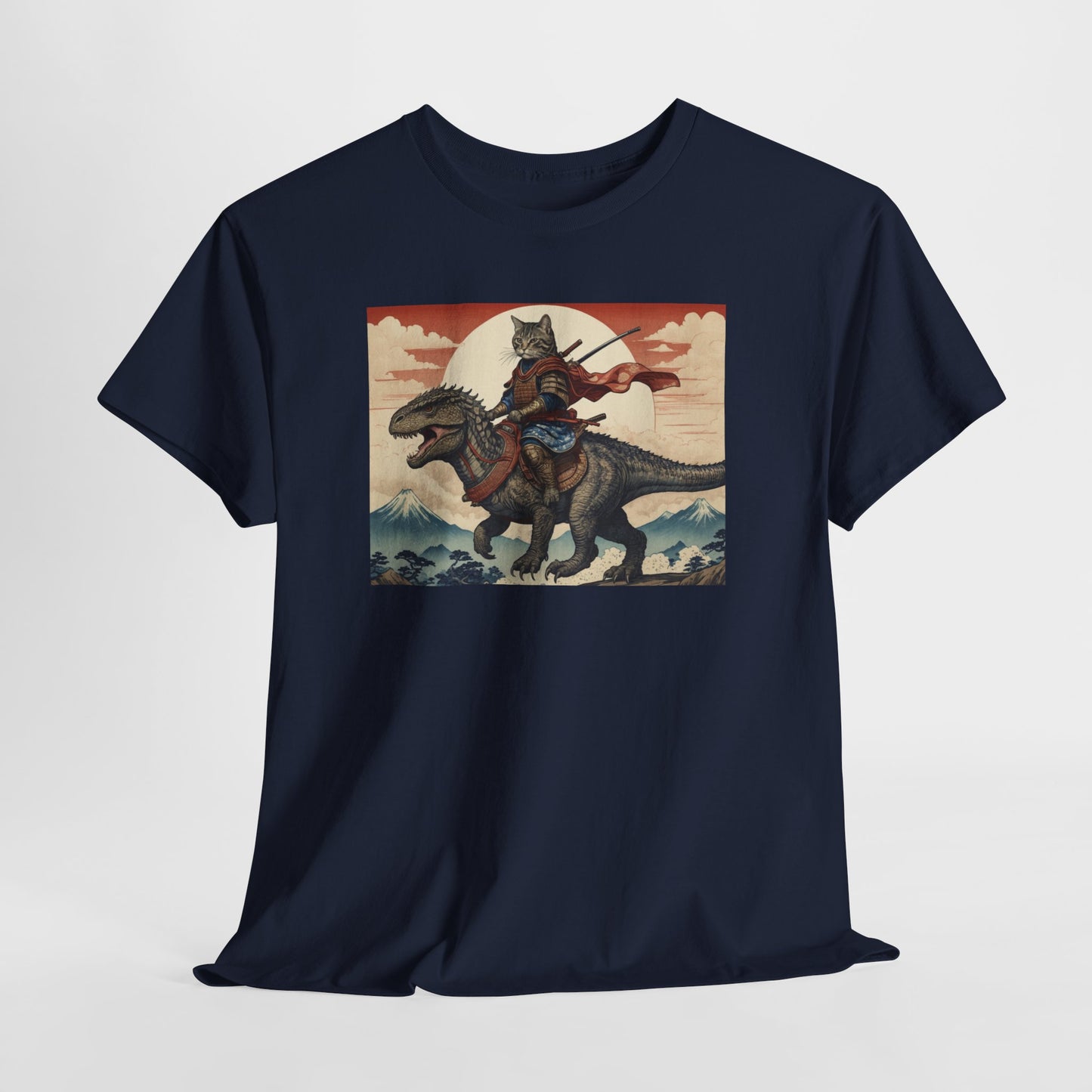 Samurai Cat Riding T-REX T-Shirt | Vintage Japanese Wave Art Tee | Odyssey Camp & Co.