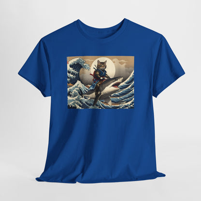 Samurai Cat Riding Shark T-Shirt | Vintage Japanese Wave Art Tee | Odyssey Camp & Co.