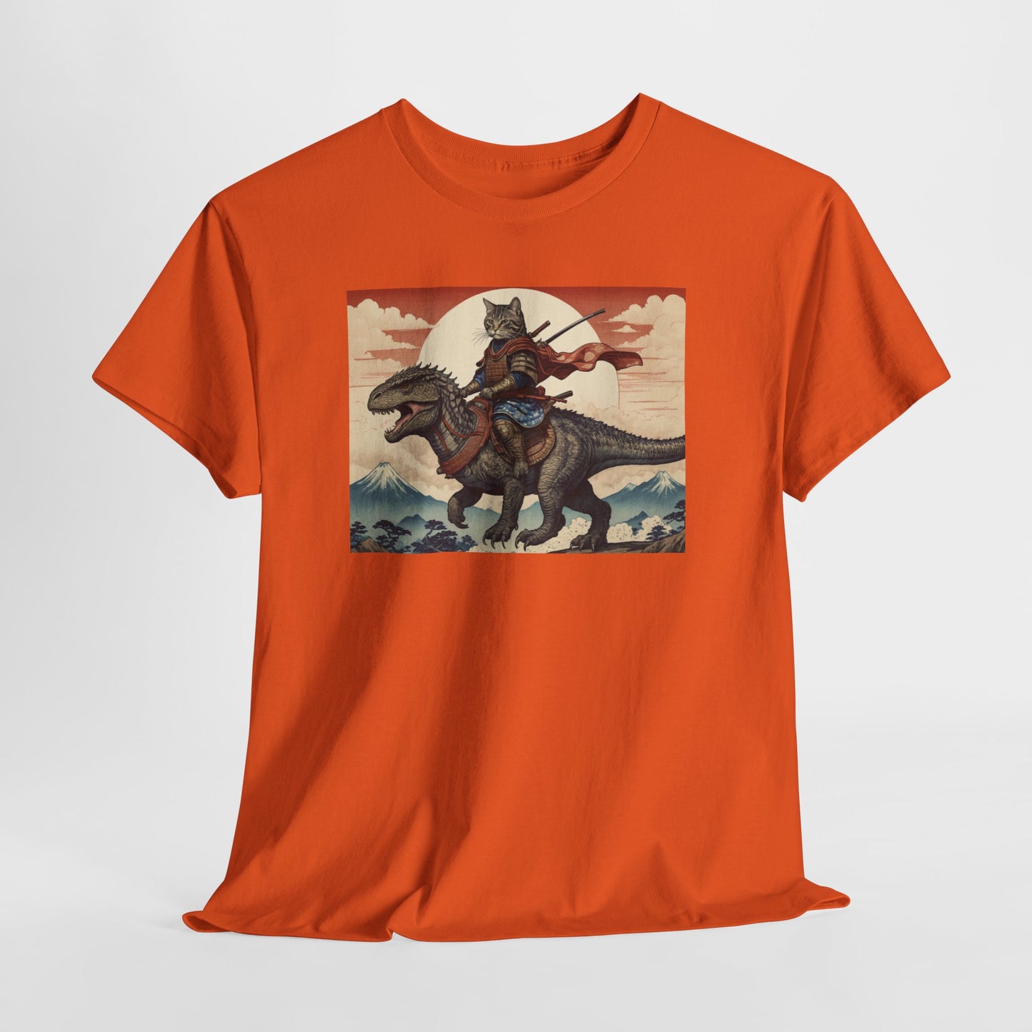 Samurai Cat Riding T-REX T-Shirt | Vintage Japanese Wave Art Tee | Odyssey Camp & Co.