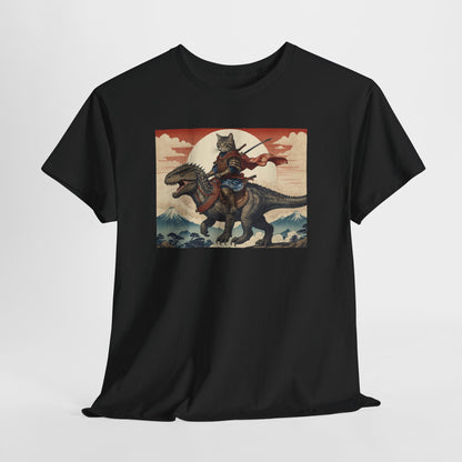Samurai Cat Riding T-REX T-Shirt | Vintage Japanese Wave Art Tee | garment-dyed cricket t-shirt | cricket fan gift | Odyss...