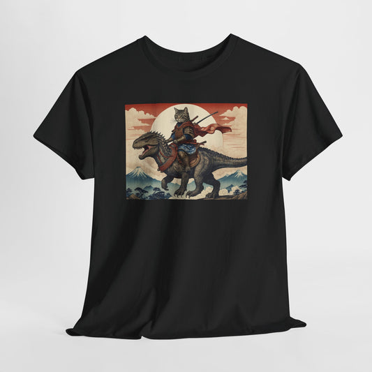 Samurai Cat Riding T-REX T-Shirt | Vintage Japanese Wave Art Tee | garment-dyed cricket t-shirt | cricket fan gift | Odyss...