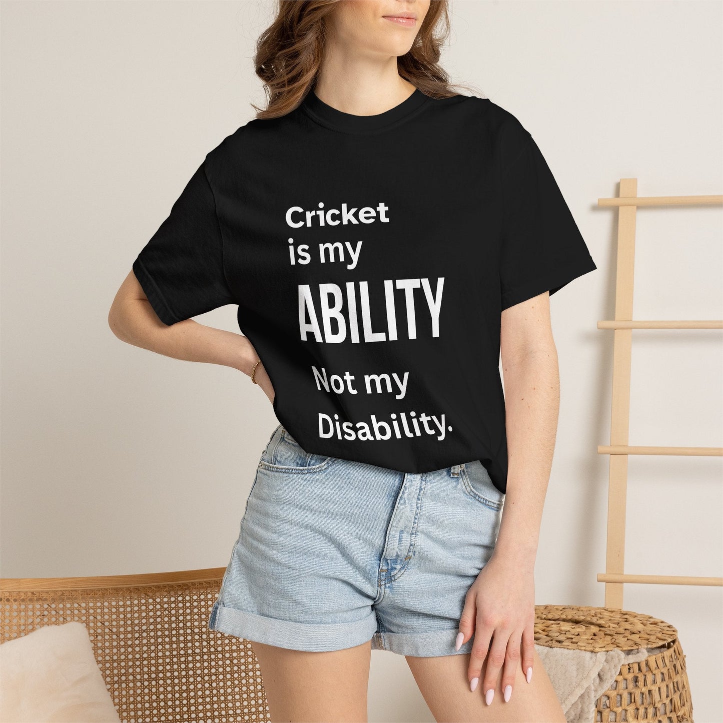 Cricket Is My Ability disability pride cricket t-shirt, fabric texture close-up