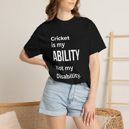 Cricket Is My Ability disability pride cricket t-shirt, fabric texture close-up