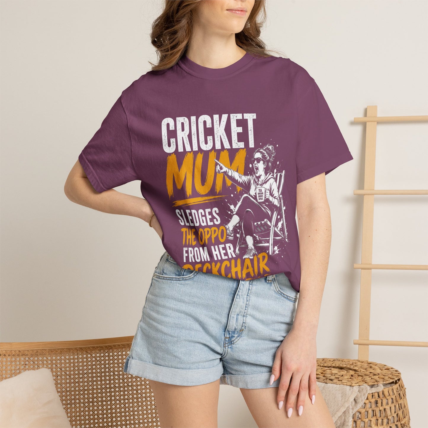Cricket Mum Deckchair Sledgear T-Shirt colour option, relaxed unisex fit cricket tee