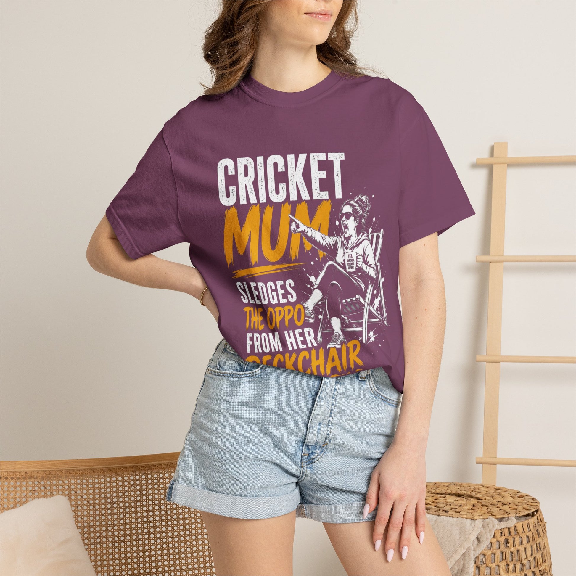 Cricket Mum Deckchair Sledgear T-Shirt colour option, relaxed unisex fit cricket tee