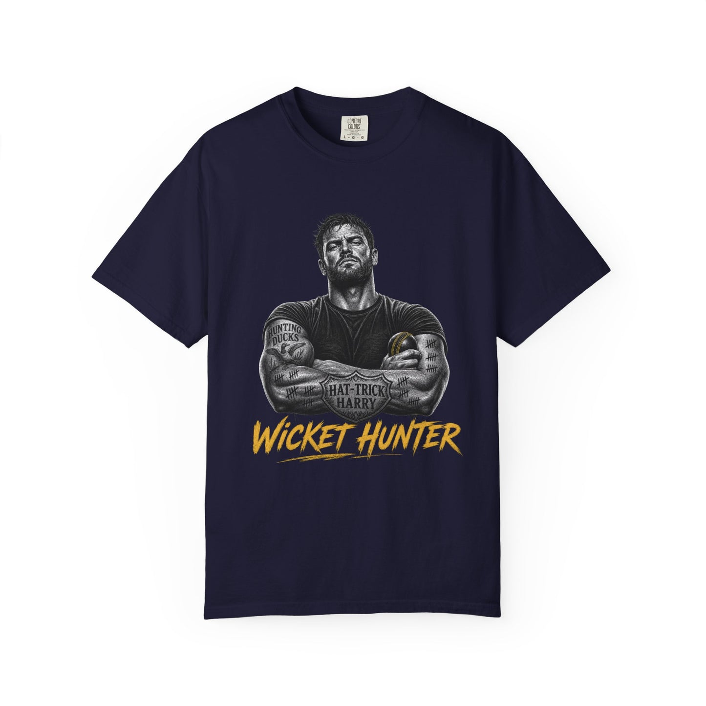 Wicket Hunter Cricket Fan Tee, tattooed fast bowler graphic in white on black, by Odyssey Camp & Co.