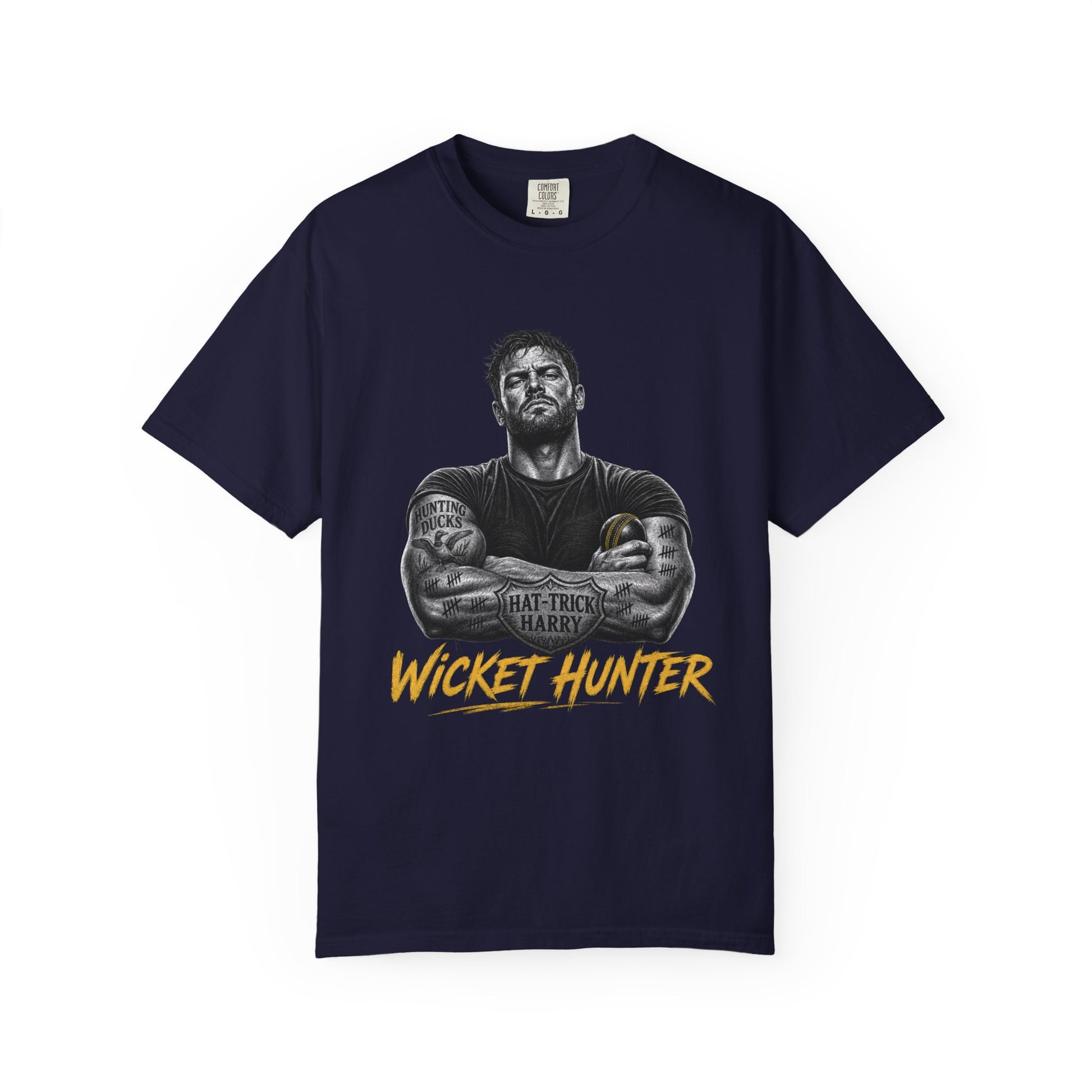 Wicket Hunter Cricket Fan Tee, tattooed fast bowler graphic in white on black, by Odyssey Camp & Co.