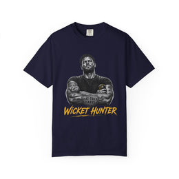 Wicket Hunter Cricket Fan Tee, tattooed fast bowler graphic in white on black, by Odyssey Camp & Co.