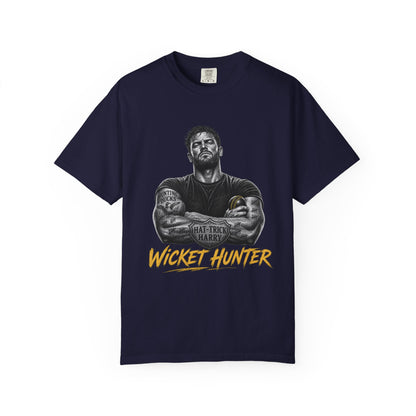 Wicket Hunter Cricket Fan Tee, tattooed fast bowler graphic in white on black, by Odyssey Camp & Co.