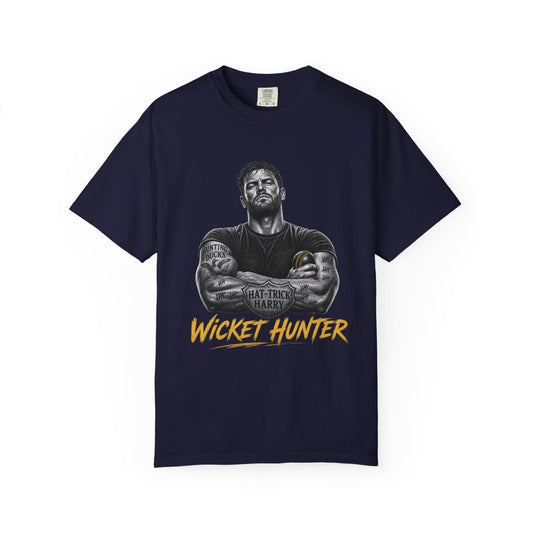 Wicket Hunter Cricket Fan Tee, tattooed fast bowler graphic in white on black, by Odyssey Camp & Co.