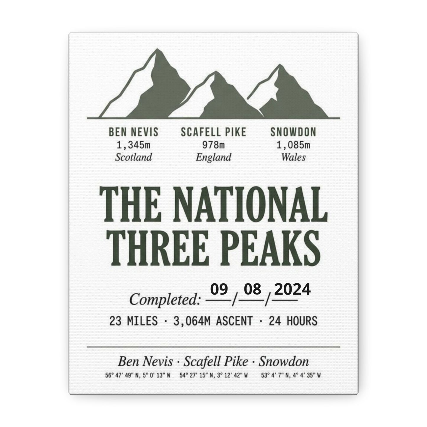 Personalised National Three Peaks Completion Canvas Print Stretched Print | matte stretched canvas wall art | Odyssey Camp...
