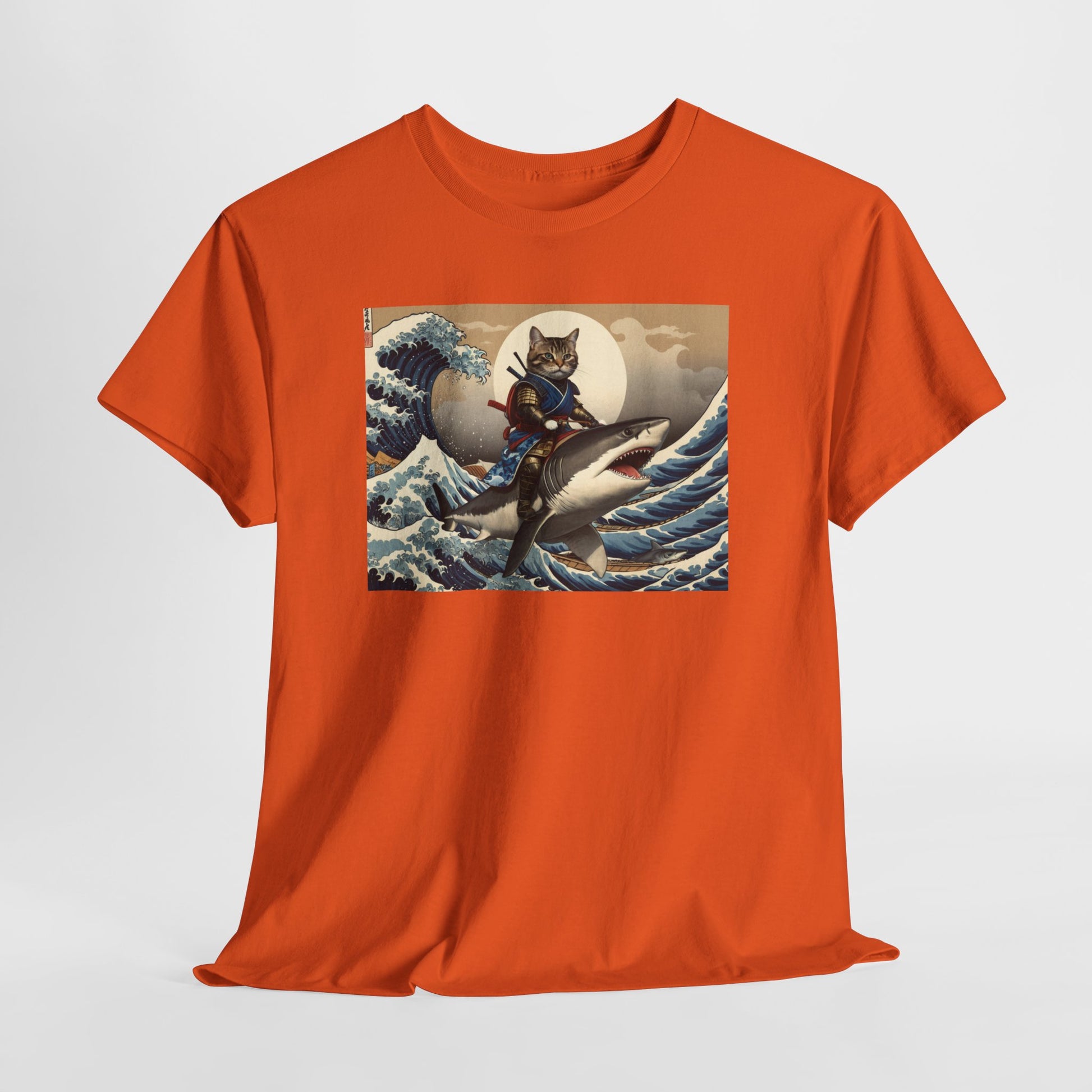 Samurai Cat Riding Shark T-Shirt | Vintage Japanese Wave Art Tee | Odyssey Camp & Co.