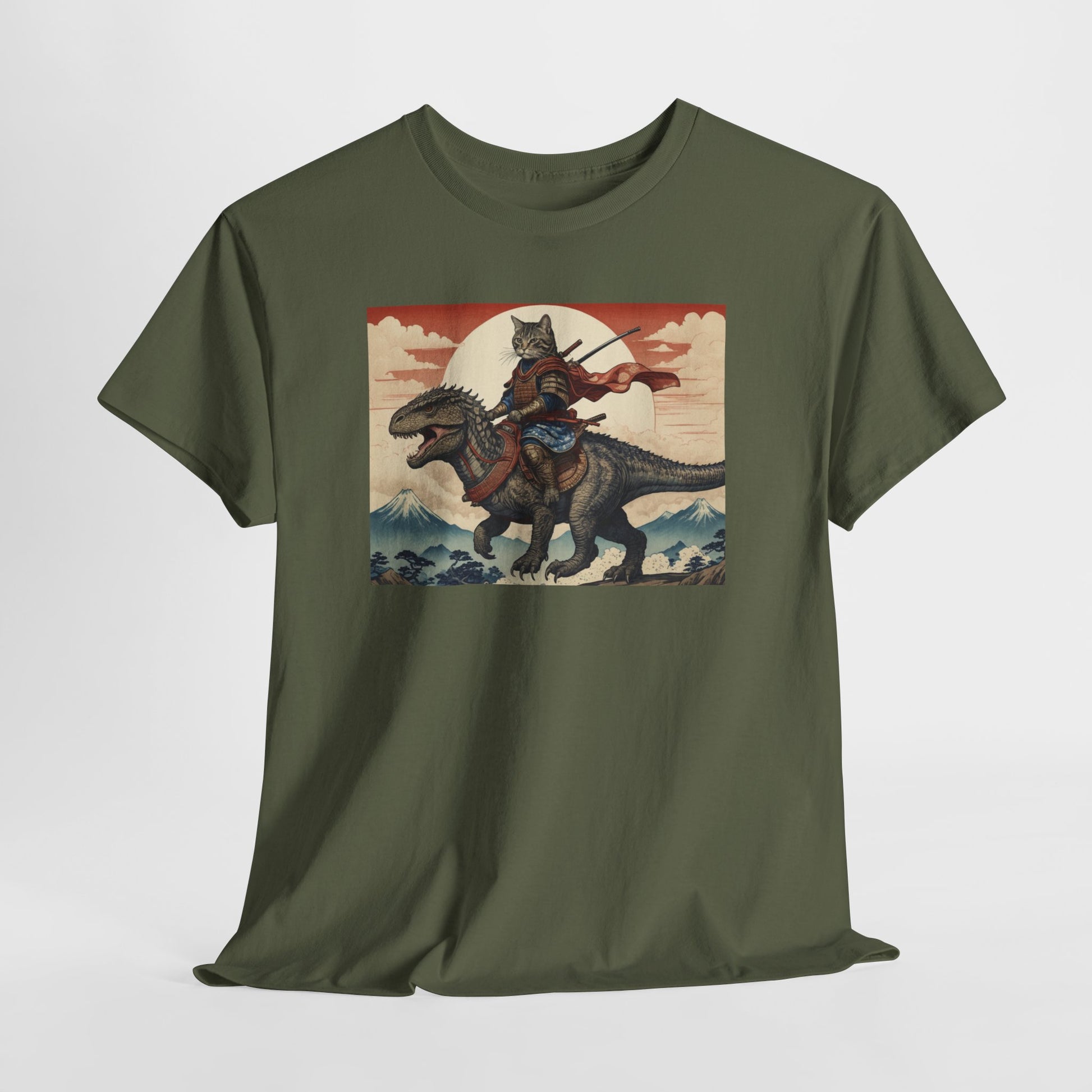 Samurai Cat Riding T-REX T-Shirt | Vintage Japanese Wave Art Tee | Odyssey Camp & Co.