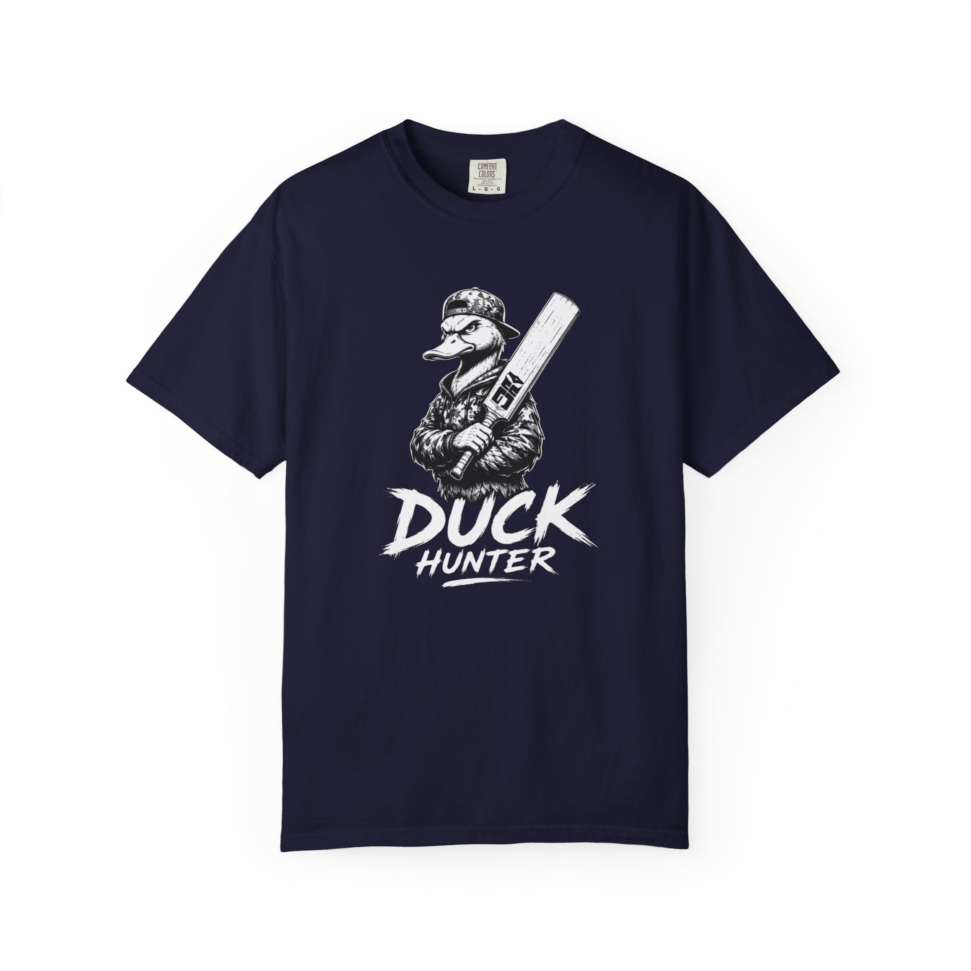 Black Duck Hunter t-shirt with duck holding a shotgun graphic and Duck Hunter lettering, Odyssey Camp & Co. cricket duck award tee front view