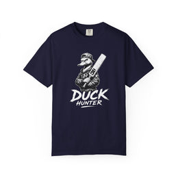 Black Duck Hunter t-shirt with duck holding a shotgun graphic and Duck Hunter lettering, Odyssey Camp & Co. cricket duck award tee front view