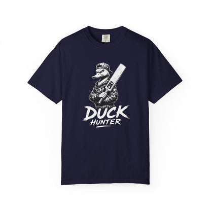 Black Duck Hunter t-shirt with duck holding a shotgun graphic and Duck Hunter lettering, Odyssey Camp & Co. cricket duck award tee front view