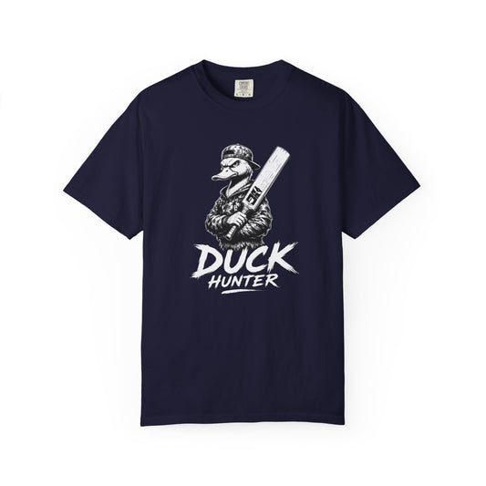 Black Duck Hunter t-shirt with duck holding a shotgun graphic and Duck Hunter lettering, Odyssey Camp & Co. cricket duck award tee front view