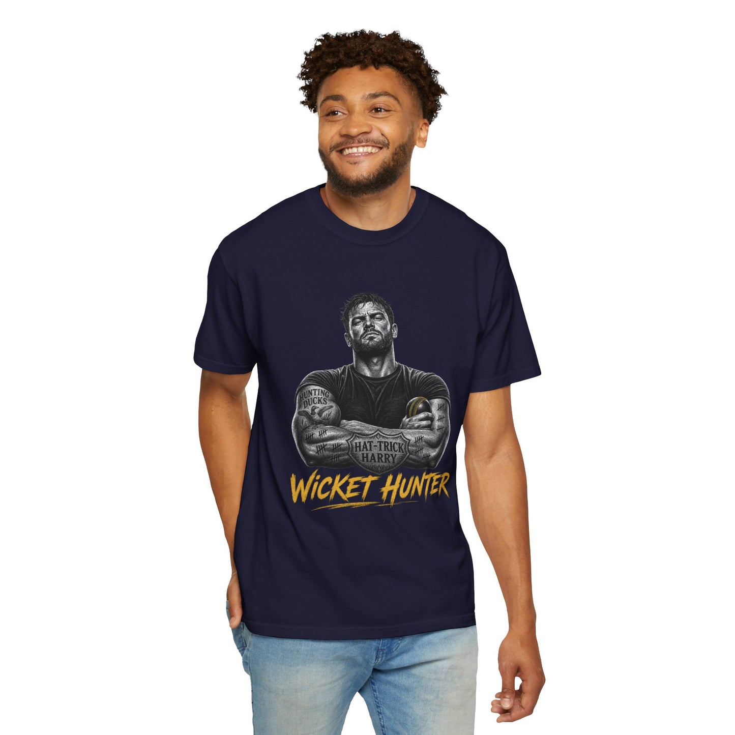 Wicket Hunter cricket t-shirt colour option, heavyweight garment-dyed cotton tee