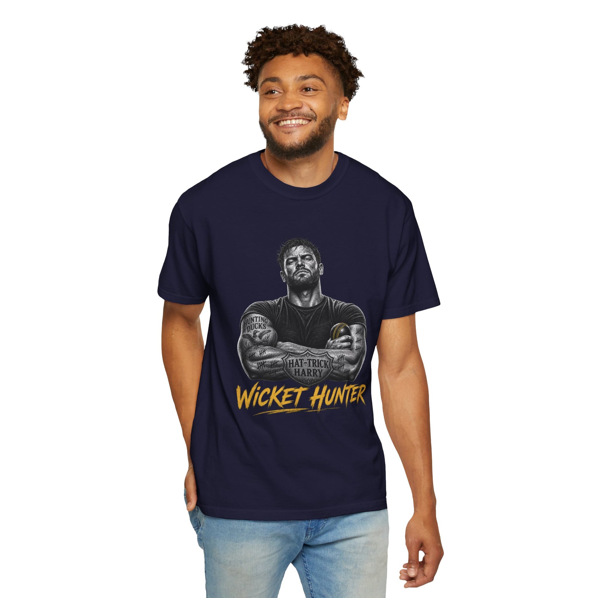 Wicket Hunter cricket t-shirt colour option, heavyweight garment-dyed cotton tee
