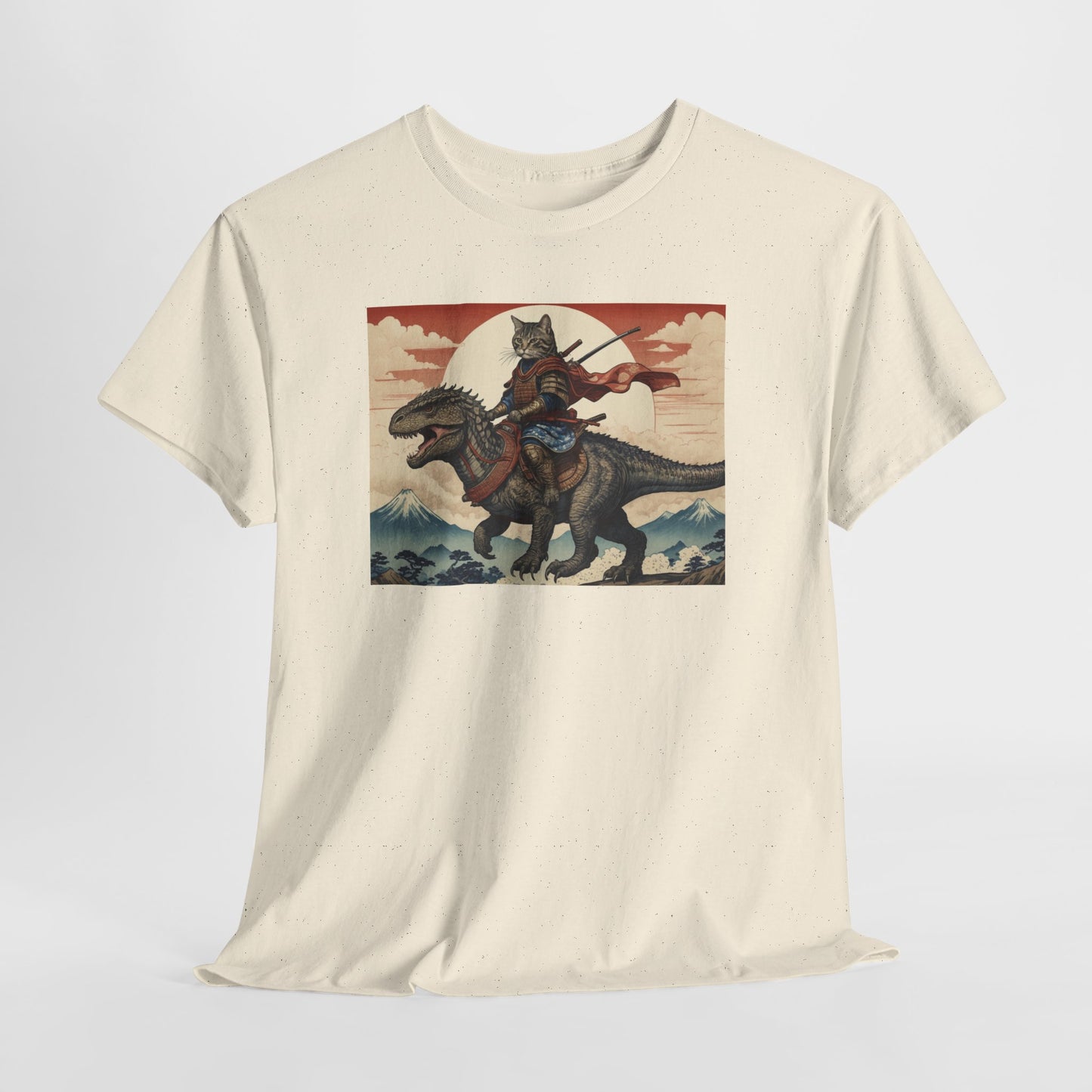 Samurai Cat Riding T-REX T-Shirt | Vintage Japanese Wave Art Tee | Odyssey Camp & Co.