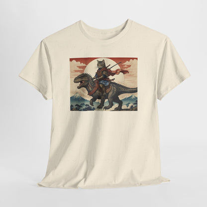 Samurai Cat Riding T-REX T-Shirt | Vintage Japanese Wave Art Tee | Odyssey Camp & Co.