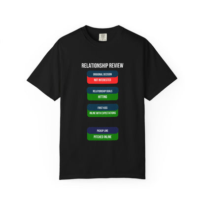 Berry colour Relationship Review t-shirt, relaxed-fit garment-dyed cotton tee with funny dating graphic print