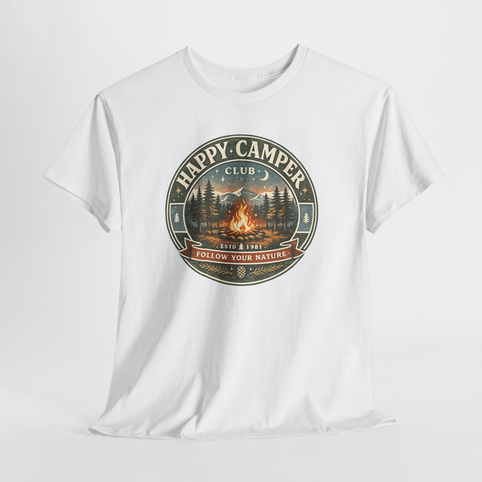 Unisex Happy Camper Tee | Vintage Campfire Badge Shirt | Odyssey Camp & Co.