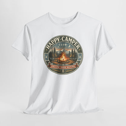 Unisex Happy Camper Tee | Vintage Campfire Badge Shirt | Odyssey Camp & Co.