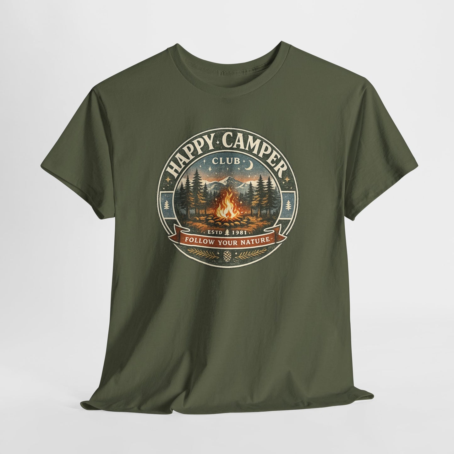 Unisex Happy Camper Tee | Vintage Campfire Badge Shirt | Odyssey Camp & Co.