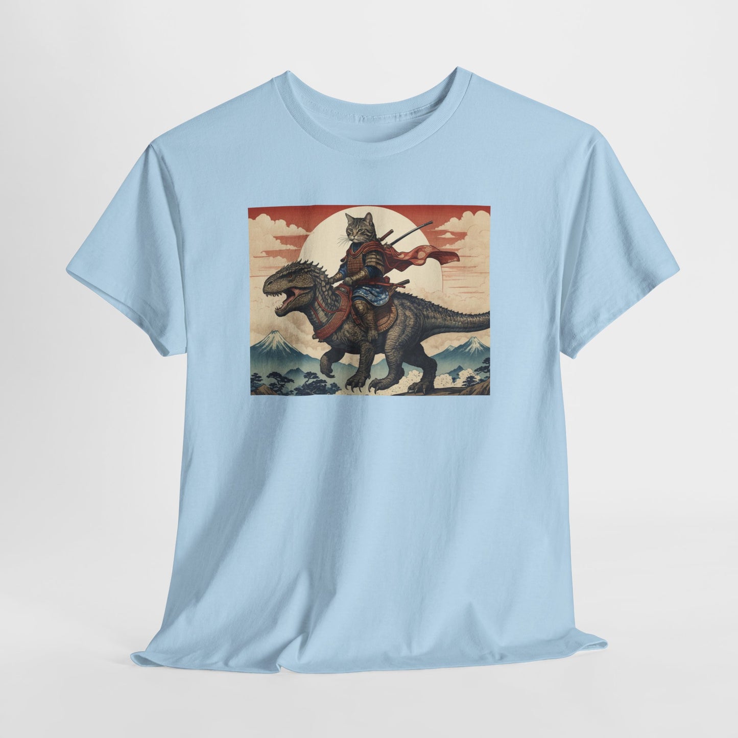 Samurai Cat Riding T-REX T-Shirt | Vintage Japanese Wave Art Tee | Odyssey Camp & Co.
