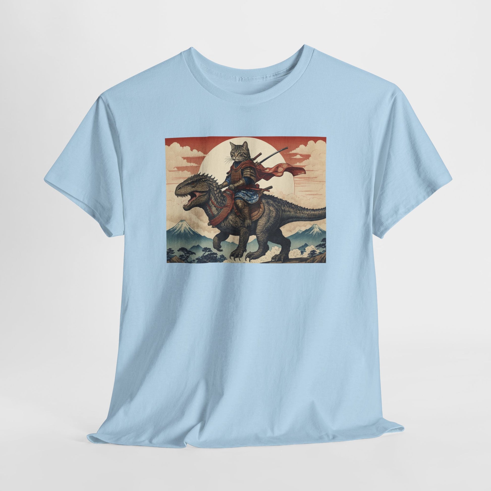 Samurai Cat Riding T-REX T-Shirt | Vintage Japanese Wave Art Tee | Odyssey Camp & Co.