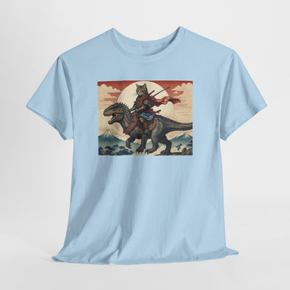 Samurai Cat Riding T-REX T-Shirt | Vintage Japanese Wave Art Tee | Odyssey Camp & Co.