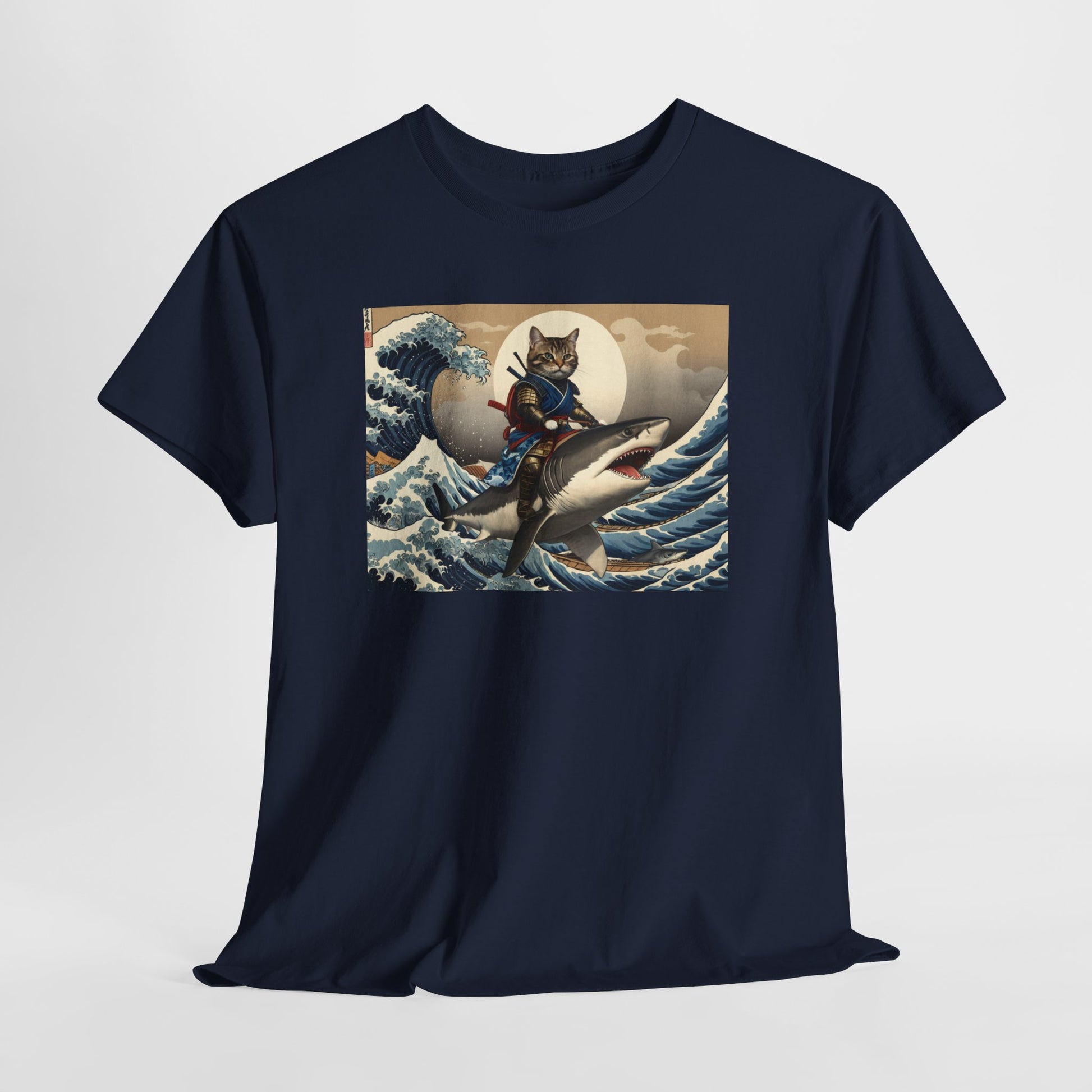 Samurai Cat Riding Shark T-Shirt | Vintage Japanese Wave Art Tee | Odyssey Camp & Co.