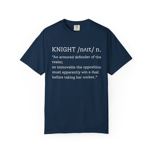 KNIGHT cricket dictionary t-shirt — white typewriter font on black, 
dictionary-style definition: an armoured defender of the realm. 
Fan-inspired cricket gift from Odyssey Camp & Co.