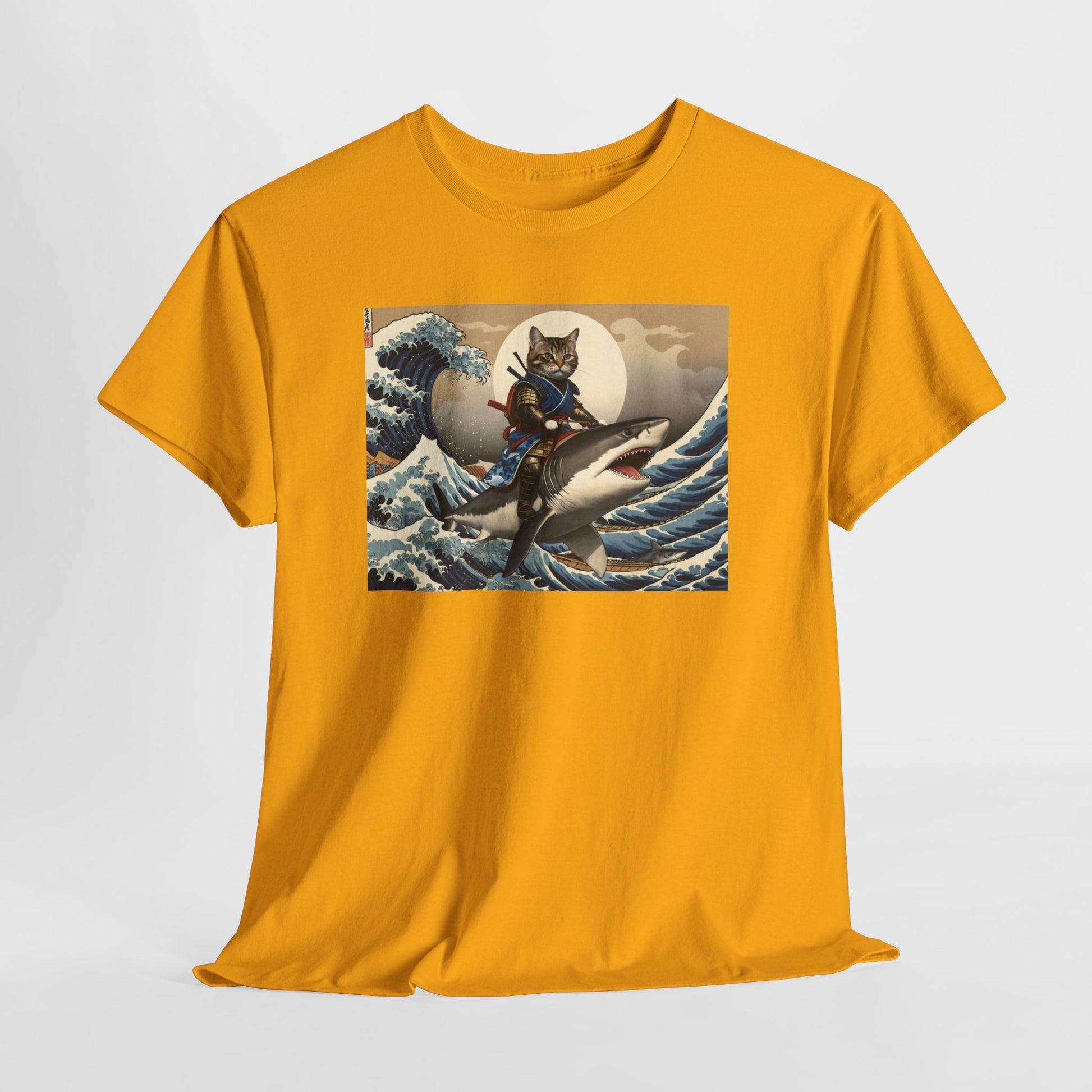 Samurai Cat Riding Shark T-Shirt | Vintage Japanese Wave Art Tee | Odyssey Camp & Co.