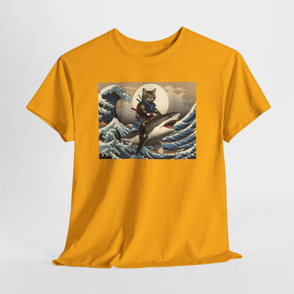 Samurai Cat Riding Shark T-Shirt | Vintage Japanese Wave Art Tee | Odyssey Camp & Co.