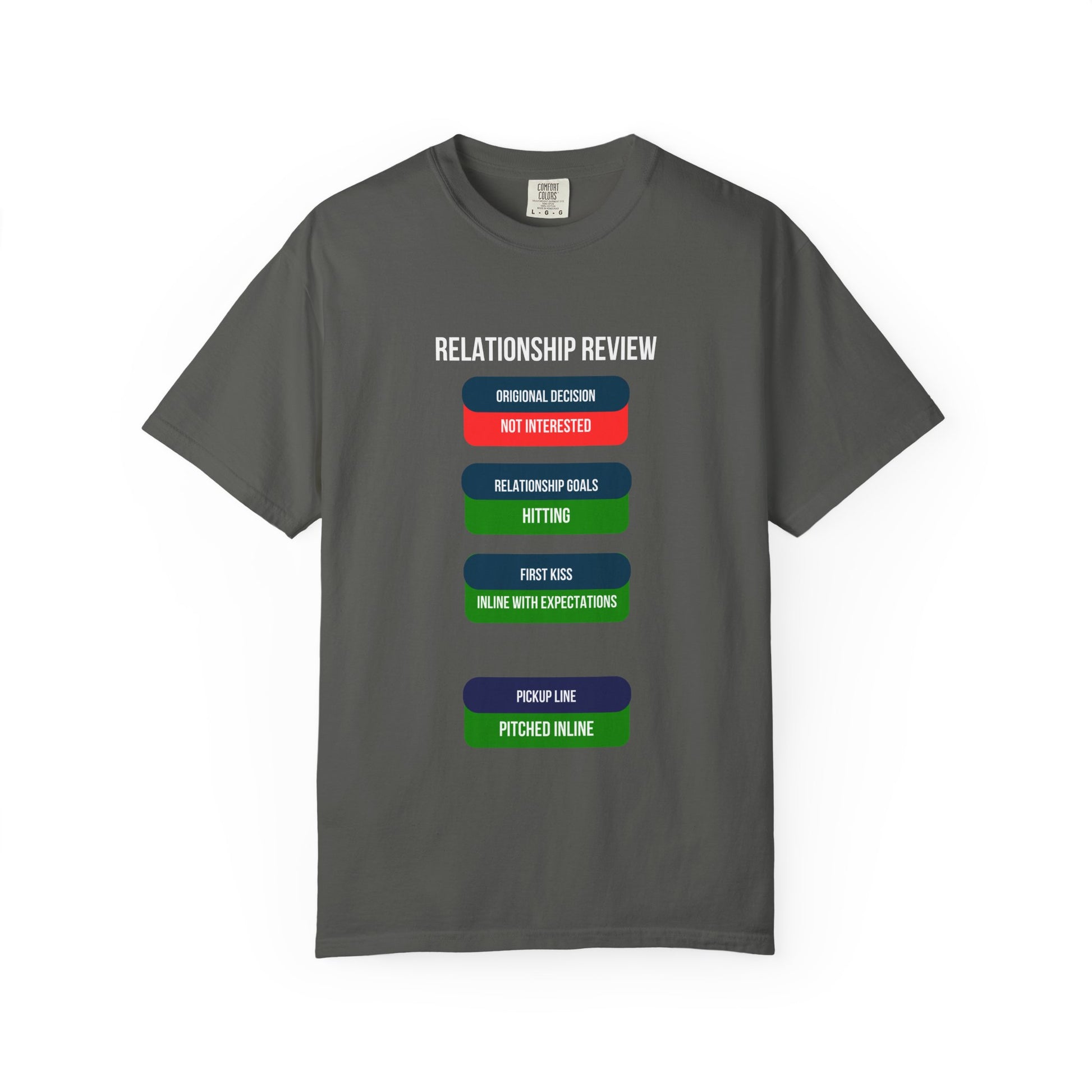 Close-up of the Relationship Review graphic tee print showing Original Decision, Relationship Goals, First Kiss and Pickup Line status blocks