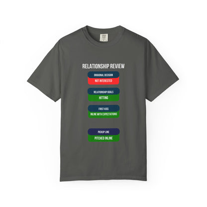 Close-up of the Relationship Review graphic tee print showing Original Decision, Relationship Goals, First Kiss and Pickup Line status blocks